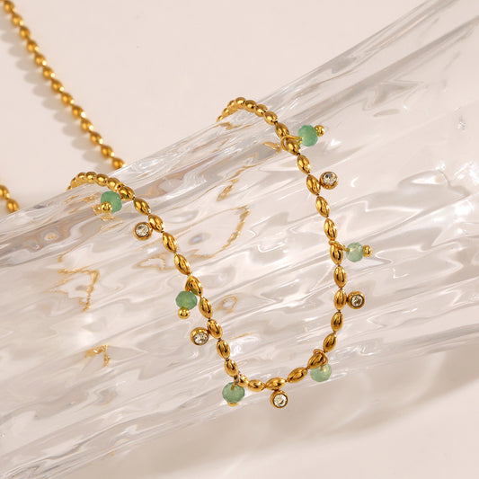 Wholesale Jewelry Casual Vintage Style Round 304 Stainless Steel Zircon 18K Gold Plated Green Aventurine Inlay Necklace/ Jewelry